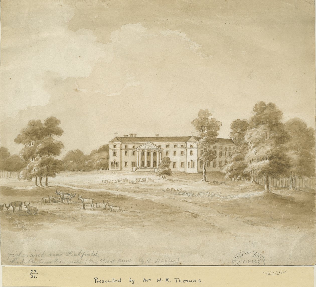 Fisherwick Hall: sepia vasketegning, nd [?1800-tallet] av Unbekannt
