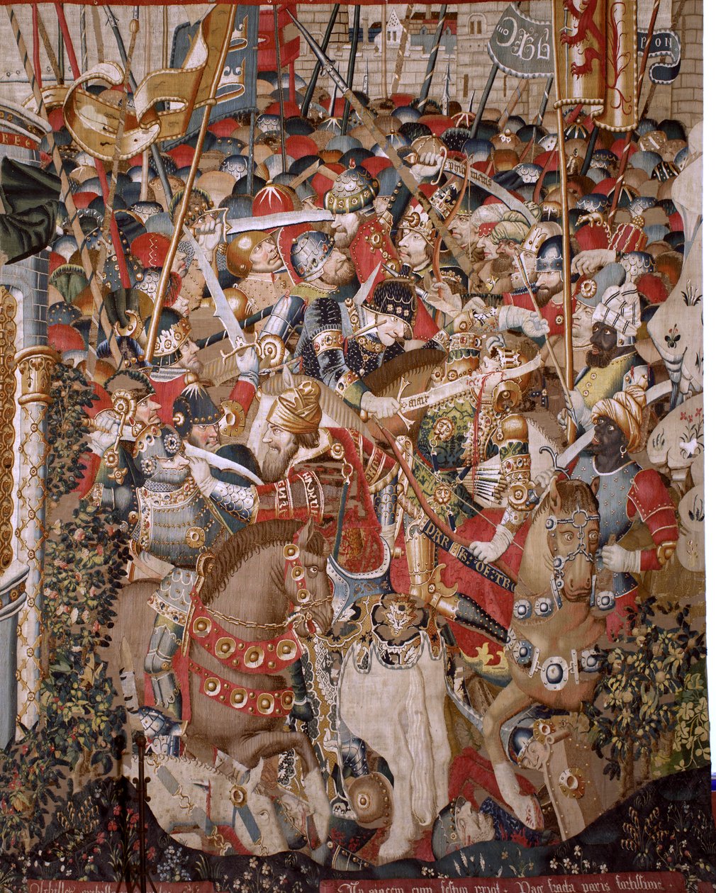 flamsk billedvev. Serien Den trojanske krigen. Akilles' død (Muerte de Aquiles). Åttende billedvev i serien. Model Coëtivy Master (Henry eller Conrard de Vulcop). Produser Tournai-verksteder. Ca 1470. Stoff Ull og silke, 6/7 varp pr cm. Størrelse 482 x av Unbekannt
