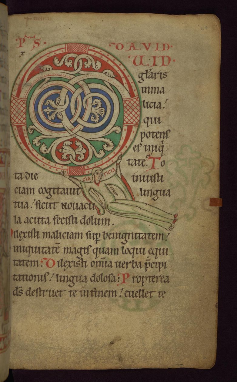 Folio 64 fra Claricia Psalter: Claricia Swinging on Initial Q, slutten av 1100- og begynnelsen av 1200-tallet av Unbekannt