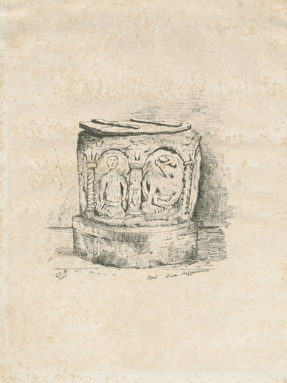Font i Ilam Church: litografi, 1855 av Unbekannt