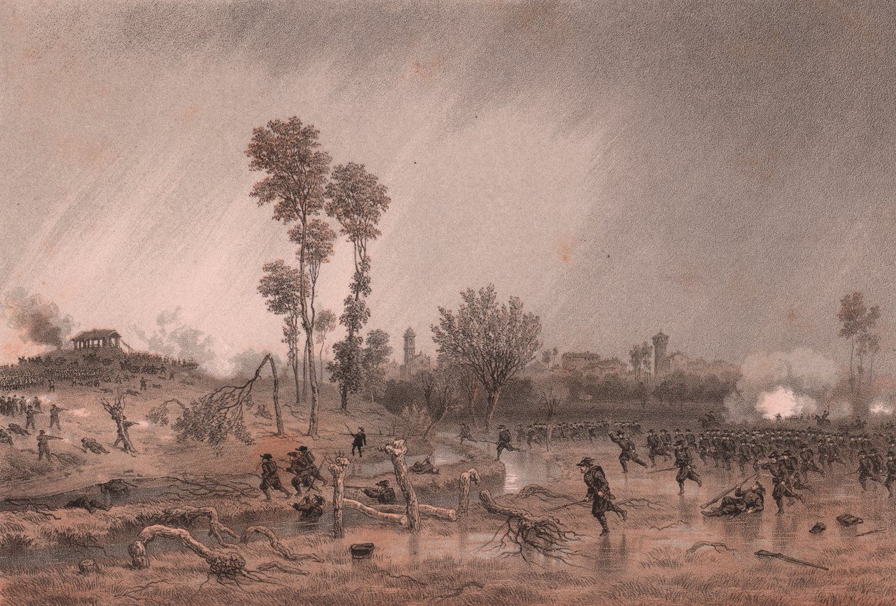 Fjerde piemontesiske divisjon av general Cialdini under angrep av slaget ved Palestro, Lombardia av William M. Timlin