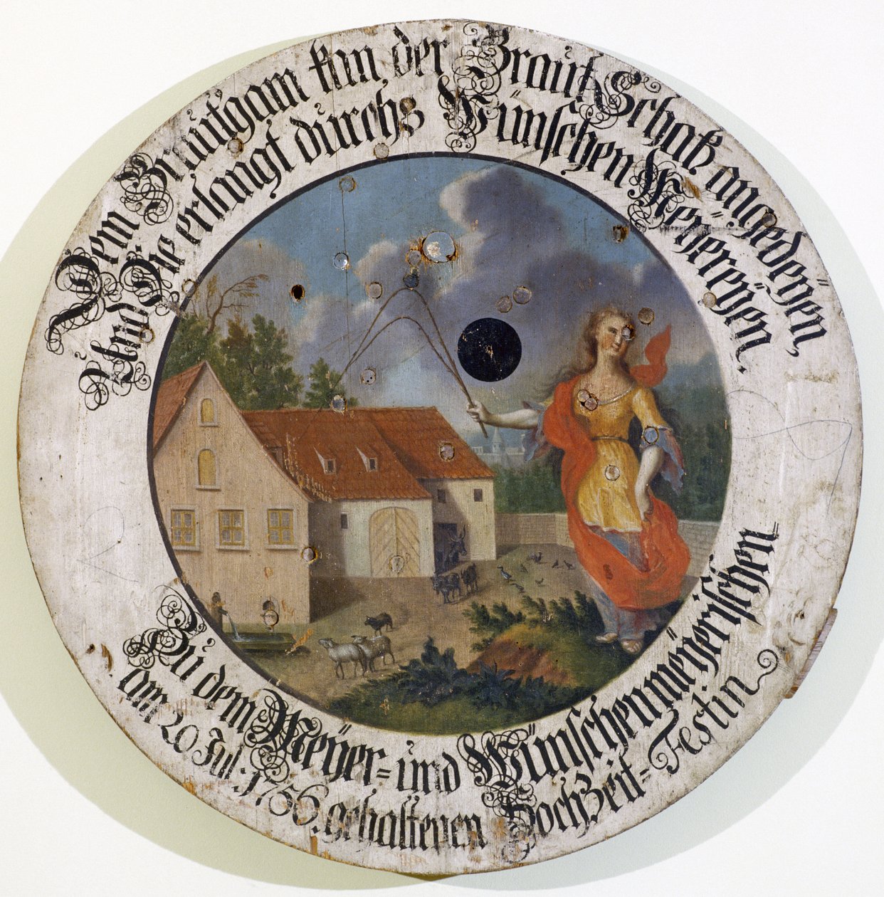 Frankenmuseum Feuchtwangen Mellomfrankisk Bayern Tyskland skyttermålsamling bryllupsmål fra 1756 med gudinnen Fortune av Unbekannt