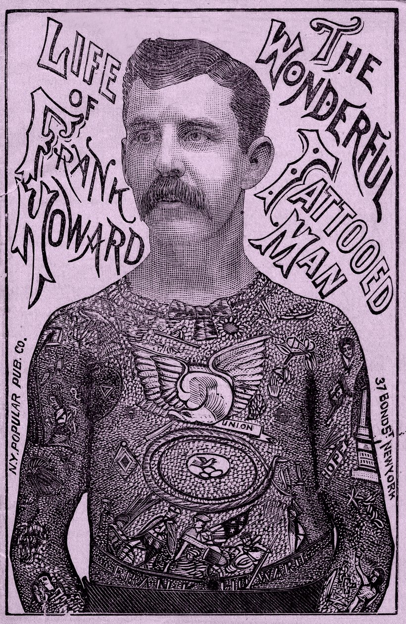 Frank Howard, den fantastiske tatoverte mannen, ca. 1900 (litho-farge) av Unbekannt