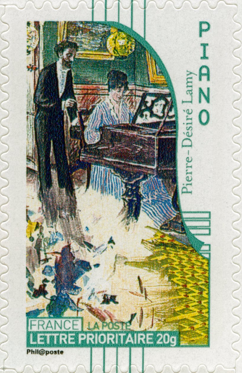 Fransk frimerke som viser en kvinnelig pianist, fra et maleri av den franske kunstneren Pierre-Désiré Lamy - av Unbekannt