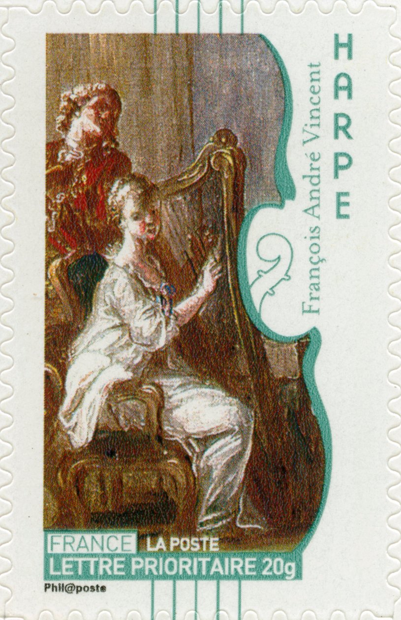 Fransk frimerke som viser en kvinne som spiller harpe, fra et maleri av den franske kunstneren François-André Vincent - av Unbekannt
