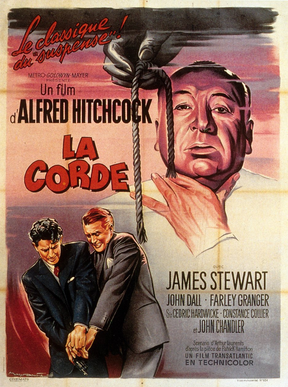 Fransk plakat for filmen Rope regissert av Alfred Hitchcock med Jimmy Stewart, John Dall og Farley Granger 1948 av Unbekannt