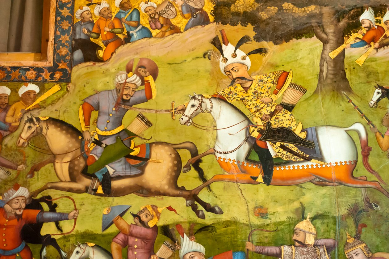 Fresco; Shah Ismail på en hvit hest i slaget ved Taher Abad; 1510; mot usbekerne i Merv; Chehel Sotoun; Forti Pilars Palace; Isfahan; Iran; Asia av Unbekannt