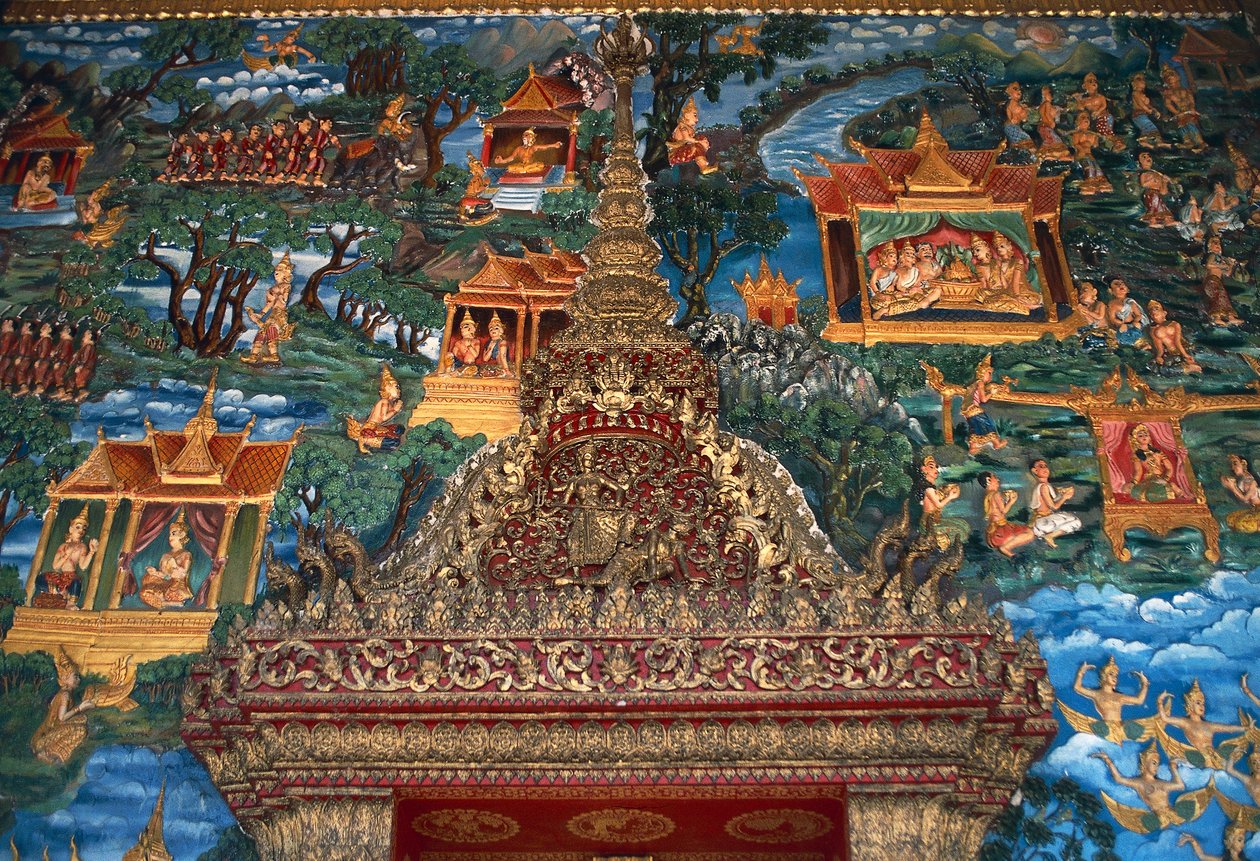 Freskomaleri og arkitektoniske detaljer, Wat That, stor hellig stupa gjenoppbygd i Luang Prabang fra 1900-tallet (Unescos verdensarvliste av William M. Timlin