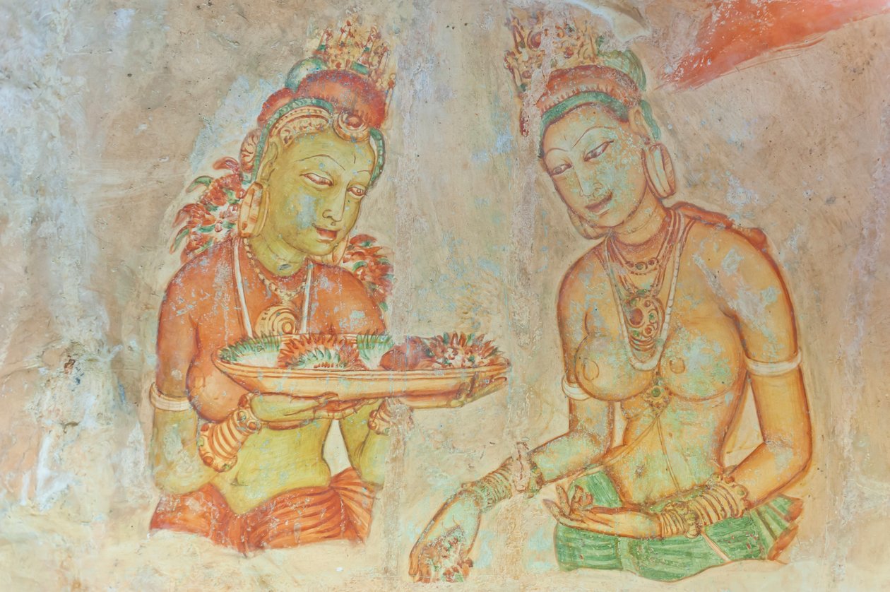 Fresco; barbrystet kvinne med blomster; Apsaras; UNESCOs verdensarvliste; Sigiriya; Sri Lanka; Asia av Unbekannt