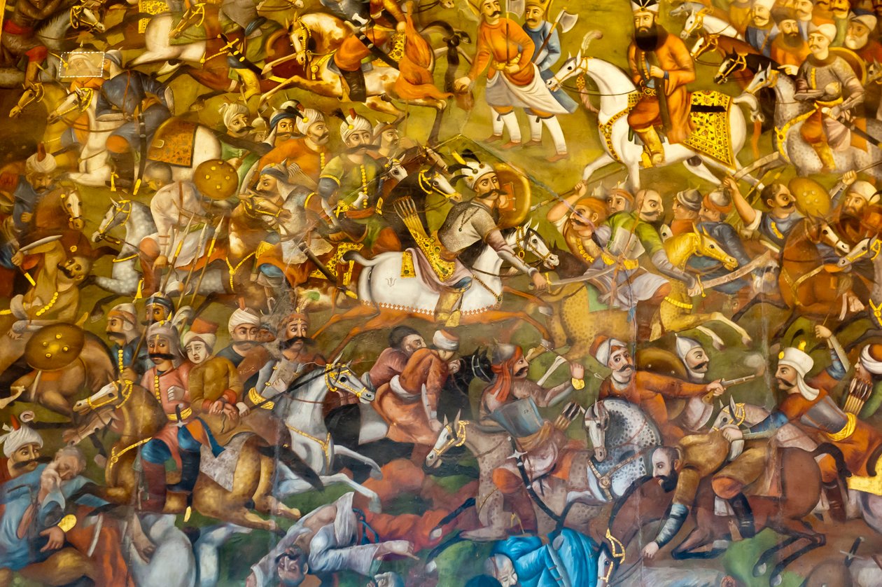 Fresco; slaget ved chaldiran eller Chaldiran mot osmanerne Sultan Selim I.; 1514; Chehel Sotoun; Forti Pilars Palace; Isfahan; Iran; Asia av Unbekannt