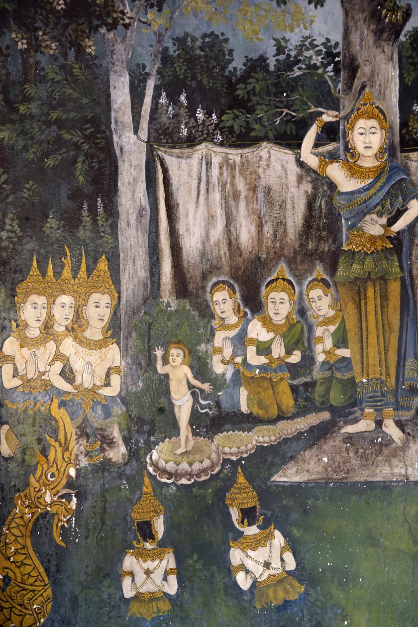 Fresco som viser en scene fra Buddhas liv i Wat Phra Doi Suthep, Chiang Mai. Thailand. Buddha som barn. av Unbekannt