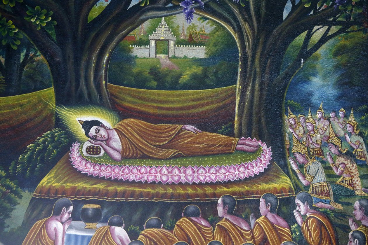 Fresco som viser Buddhas inntreden i nirvana i Wat Chiang Mun, Chiang Mai. Buddhas inntreden i parinirvana. Thailand av Unbekannt