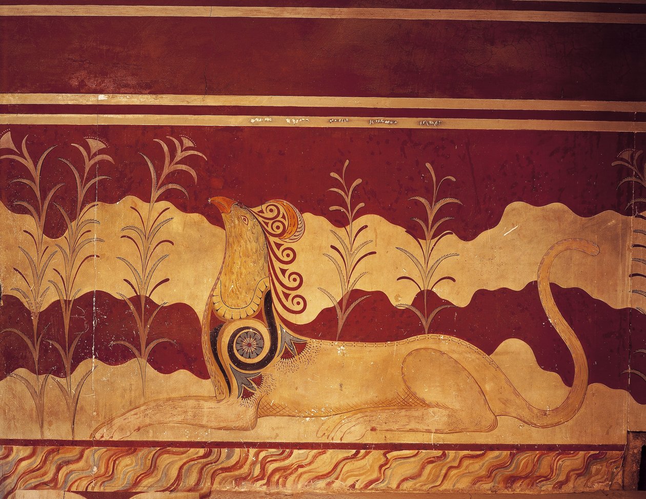 Fresco på en vegg, Throne Hall, Palace Of Minos, Knossos, Kreta, Hellas av Benjamin Baud