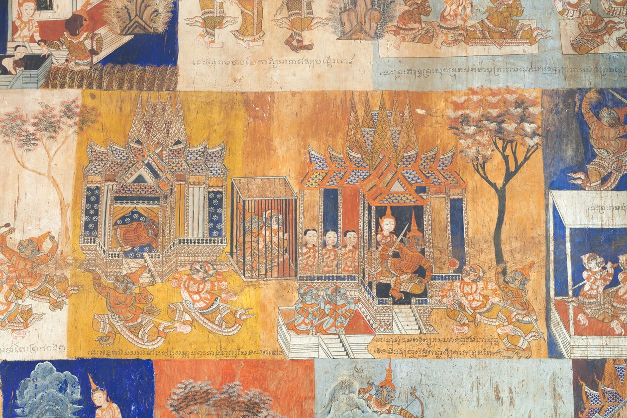 Fresker som pryder veggene til Wat Bo som viser scener fra Reamker, Siem Reap, Kambodsja (bilde) av Unbekannter Künstler