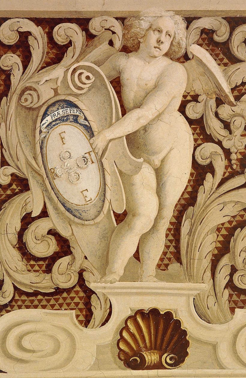 Fresker av Baronial Hall (1400-tallet), detalj, Della Manta slott, Manta (Cuneo), Piemonte, detalj, Italia av William M. Timlin