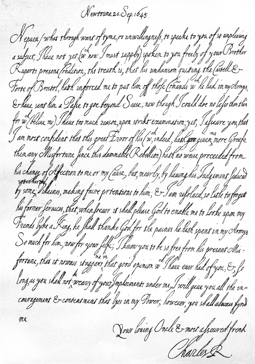 Vennlig brev fra Charles I til hans nevø, prins Maurice, skrevet i Newtown, Powys, Wales, 20. september av Unbekannt