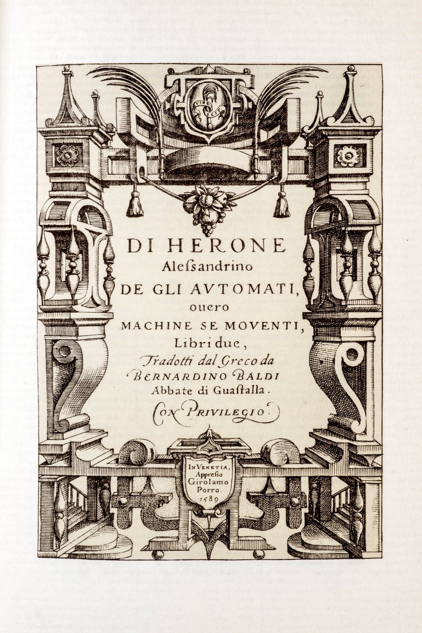 Frontispice av "" The automatons" av Heron of Alexandria (1. århundre) 1589 av Unbekannt