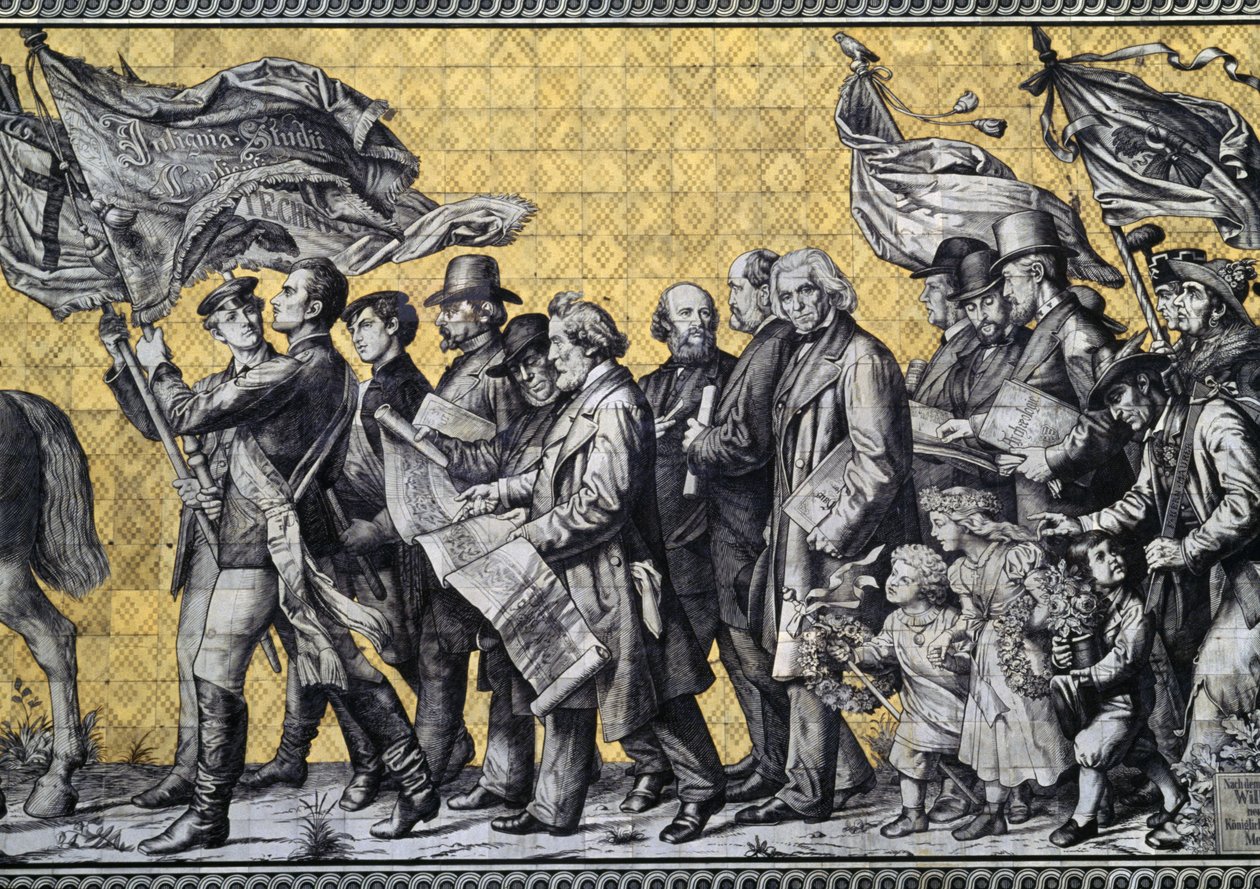 Furstenzug, eller Procession of Princes, i Augustus Strasse, laget av 25 000 Meissen-fliser, detalj, Dresden, Sachsen, Tyskland av Benjamin Baud