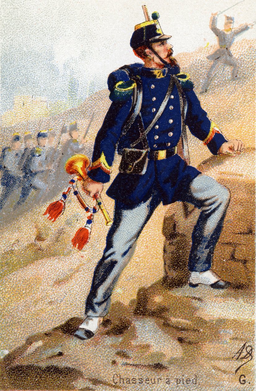 G: Fotjeger. Gravering i "Militæralfabetet". Illustratorens initialer: AD Ukjent utgiver. Kromolitografier sent på 1800-tallet. Mål: 10,5x7 cm. av Unbekannt