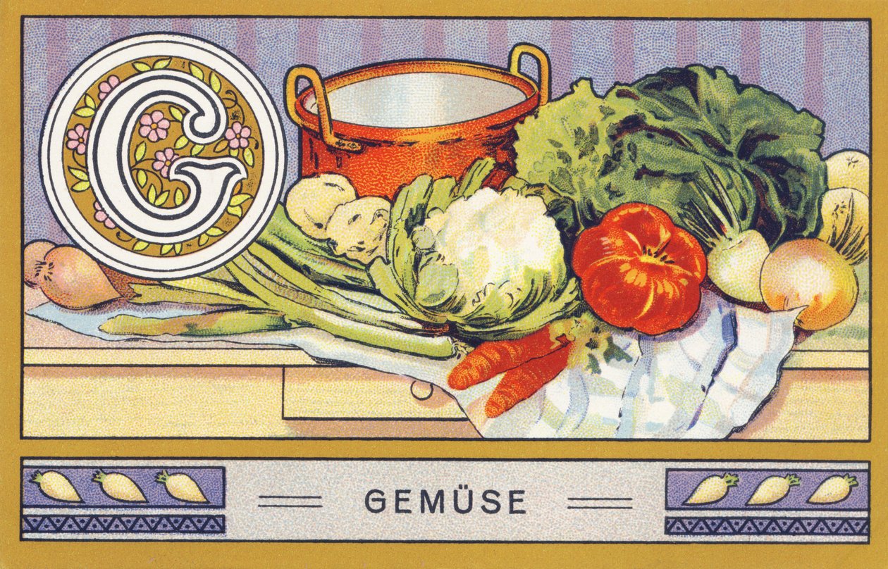G: Grønnsak - Alfabet Palmine. Serie med kromolitografier redigert av H. Schlinck & Cie, Hamburg, s. d. . Annonse for Palmins fineste kokosfett. Mål: 7 x 11 cm av William M. Timlin
