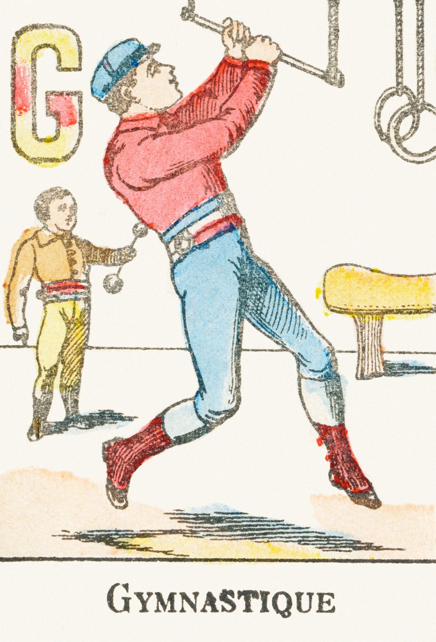 G: Gymnastikk - Gravering fra "Alphabet des jeux", ca 1890 av Unbekannt