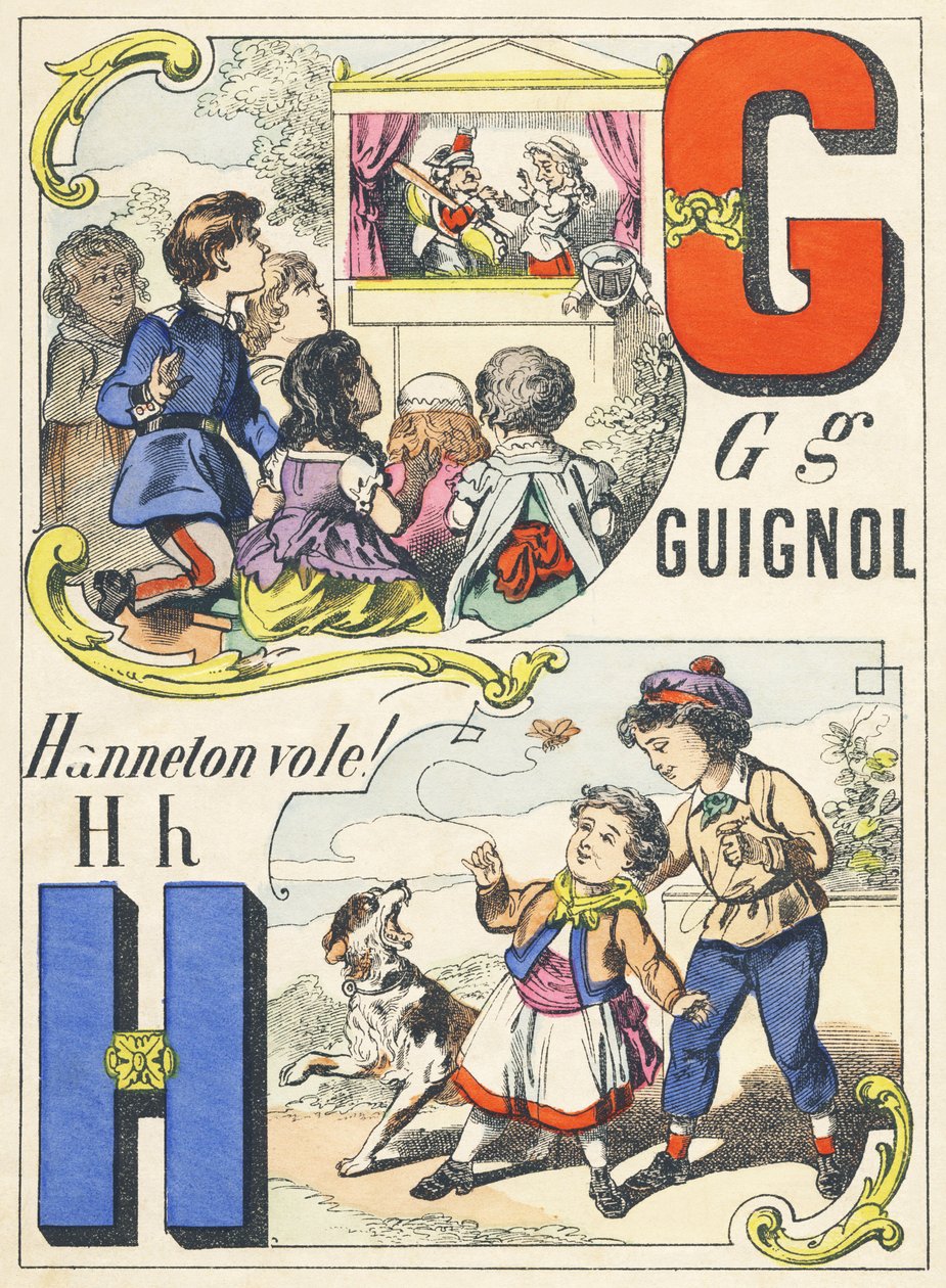 G H: Guignol, Cockchafer flyr! - Spillalfabet, ca. 1890 (illustrasjon) av Unbekannt