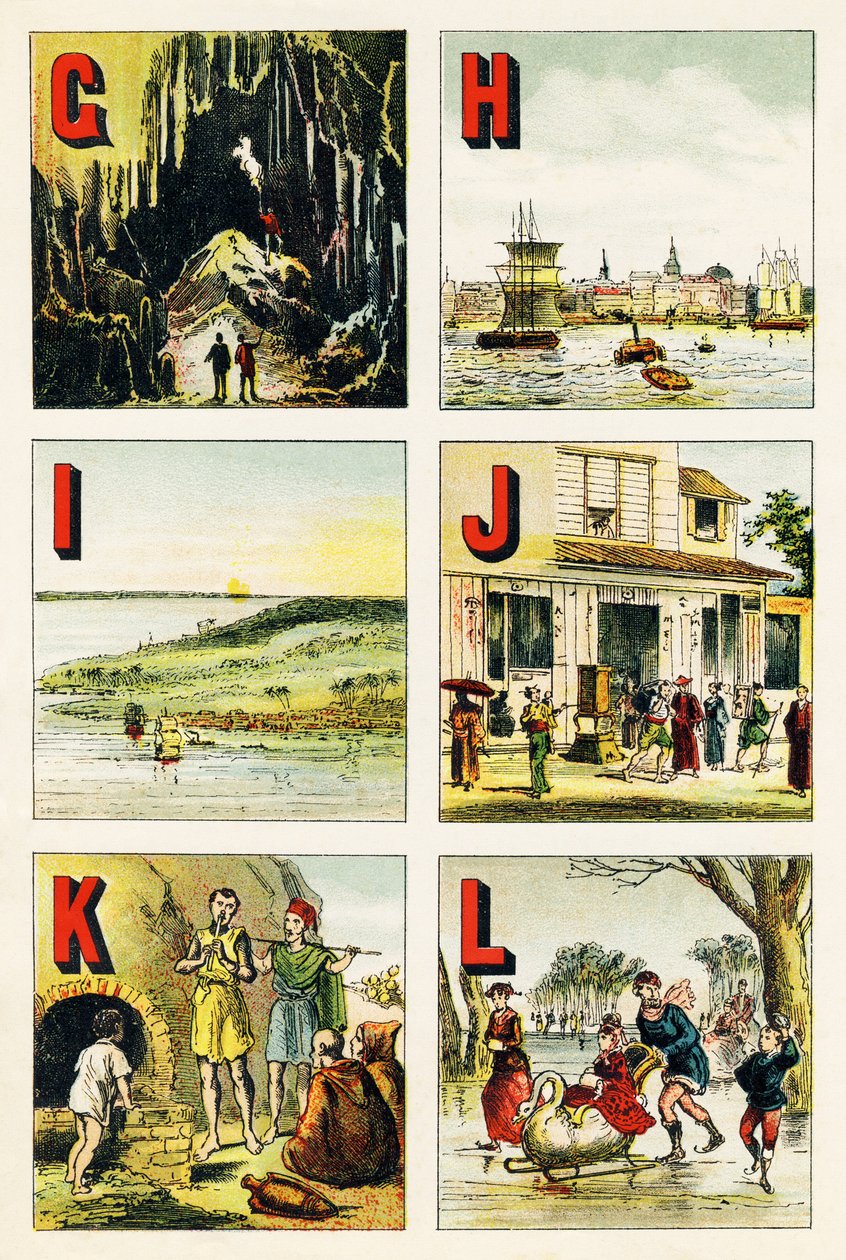 G H I J K L: hule, Hamburg, øy, Japan, Kabylie, innsjø - Gravering hentet fra Geografisk alfabet. Guerin-Muller et Cie, forlag, Paris av Unbekannt