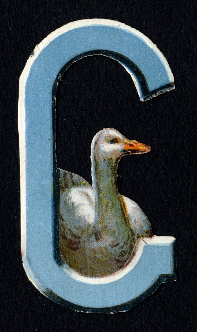 G som Goose. Beetle decoupis på temaet dyr. Gravering. Serie med 26 vaffelkromolitografier av engelsk opprinnelse. Redaktør og illustratør ukjent. Slutten av 1800-tallet. Mål: 5,5x3,5cm av Unbekannt