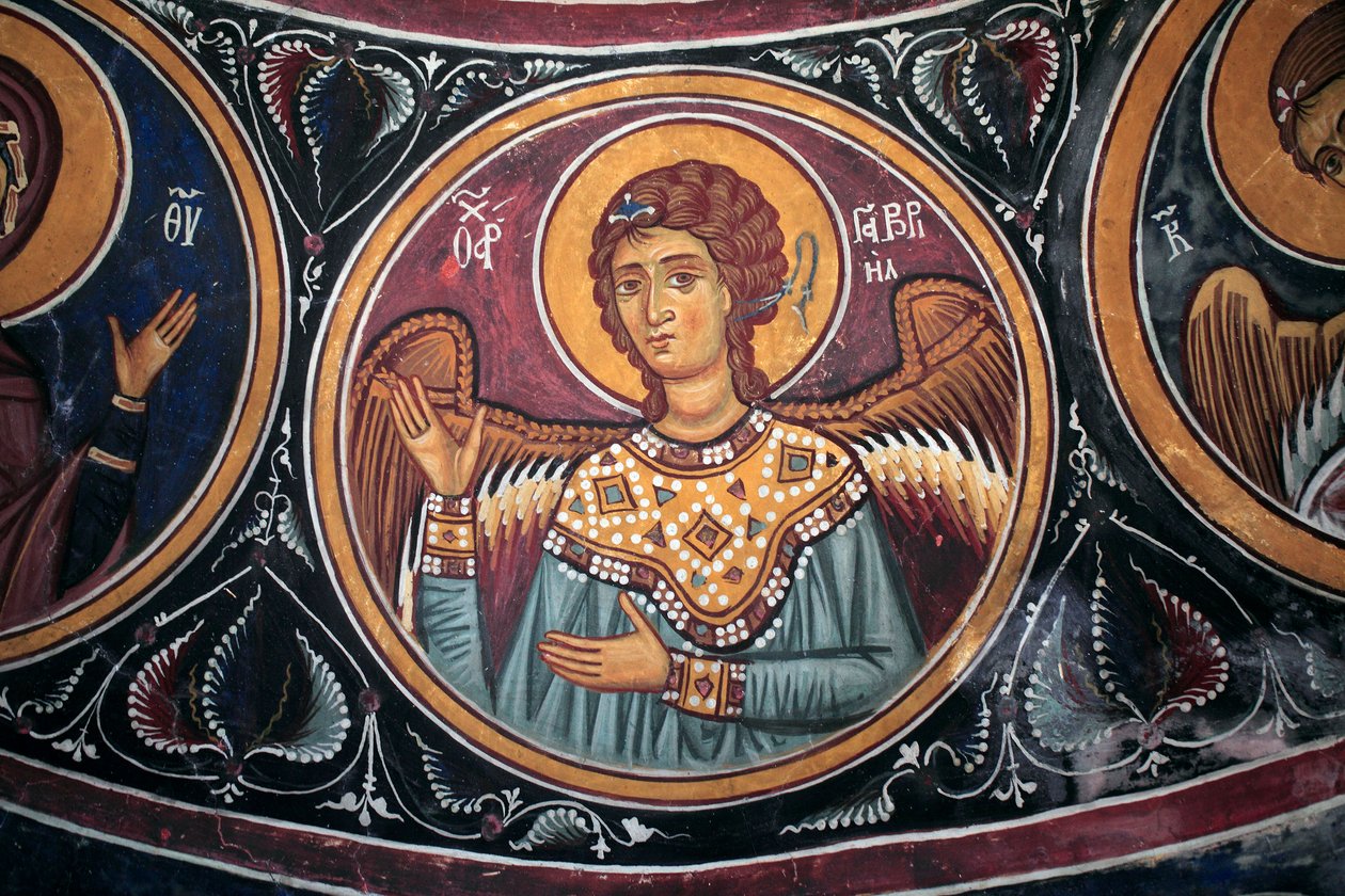 Gabriel erkeengelmedaljen rundt Kristus og den siste dommen Detalj av den bysantinske fresken fra Narthex-hvelvet til kirken Asinou Siste domsscene 1300-tallet (1332) UNESCO, verdens kulturarvområde Troodos-regionen, Kypros av Unbekannt