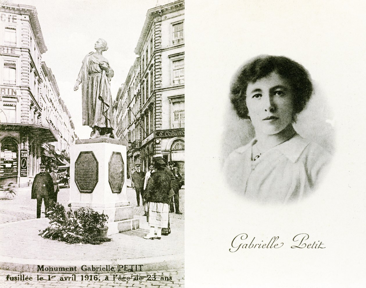 Gabrielle Petit og monumentet reist til hennes ære i Brussel, minnekort, ca. 1925 (litho) av Unbekannter Künstler