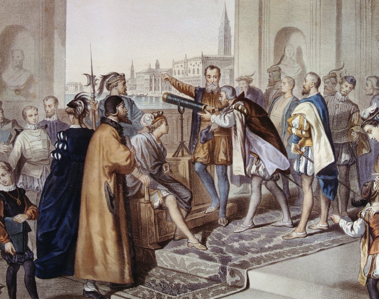 Galileo Galilei demonstrerer sin oppfinnelse teleskopet (farge litho) av Unbekannter Künstler
