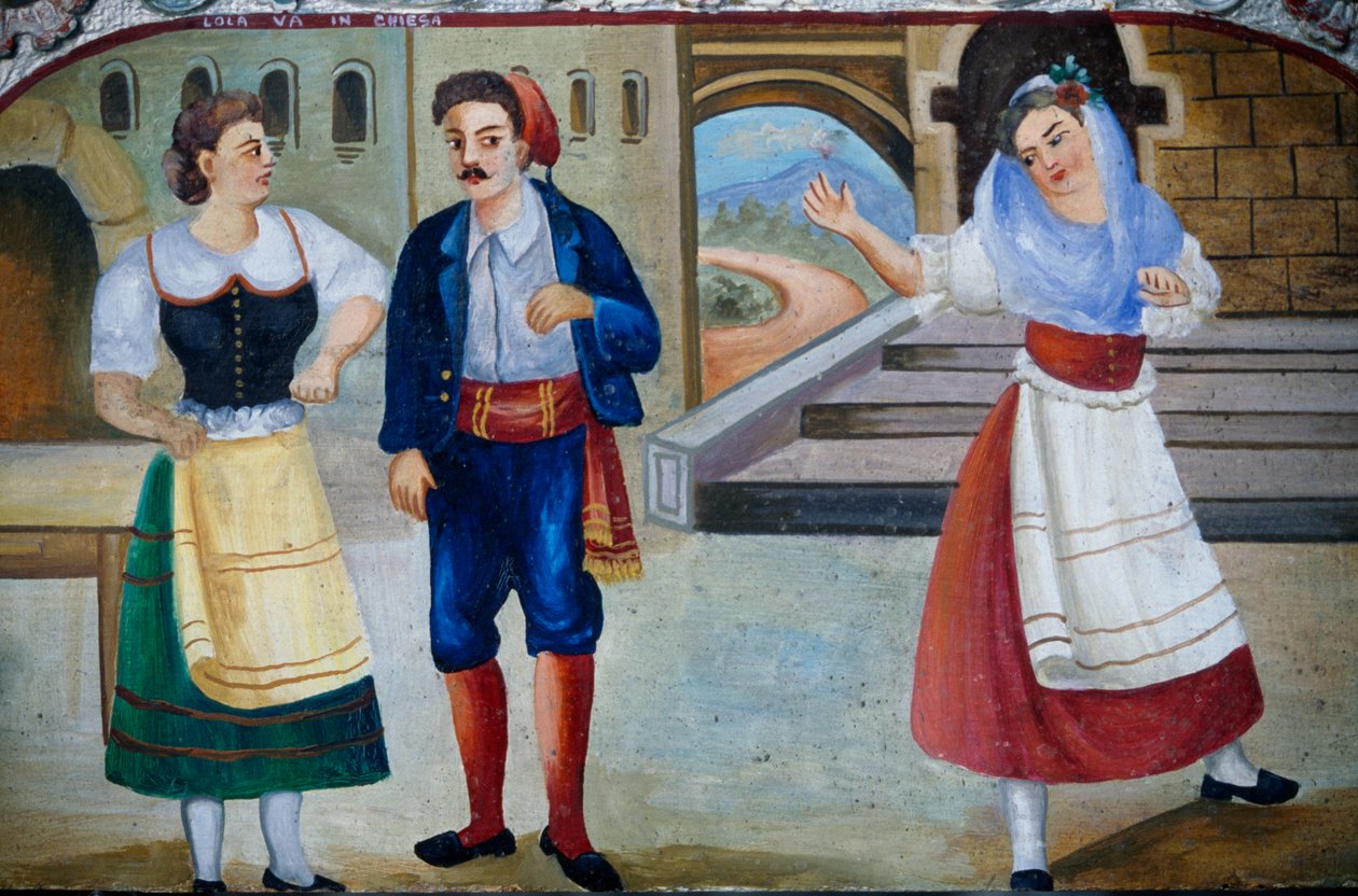 Galant scene med utkledde karakterer, trepanelmaleri, siciliansk håndverk, Sicilia, Italia, Detalj av William M. Timlin