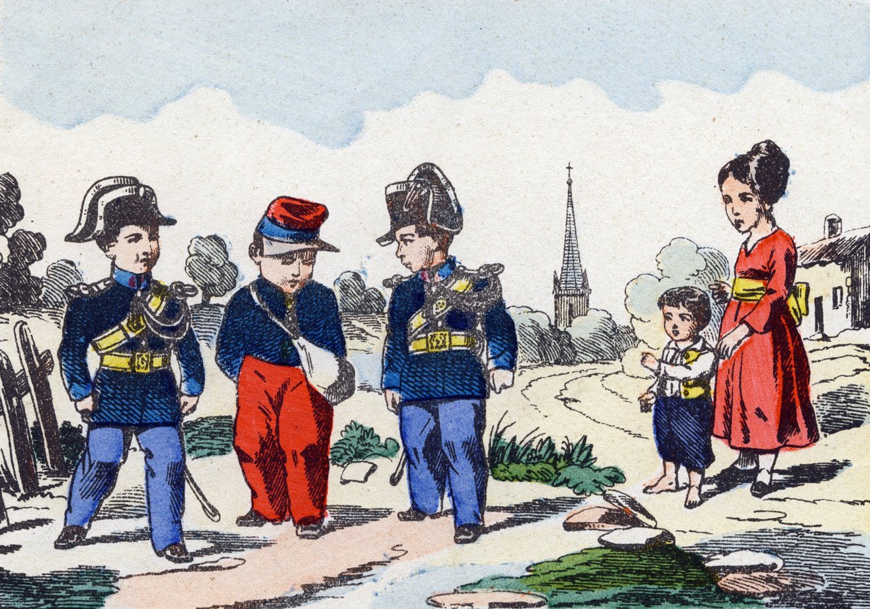 Gendarmer. Gravering i "Barnas militæralfabet"". Bilder av Pont-a-Mousson, ca 1890. 20 sider. Sol: 28,5x21cm av Unbekannt