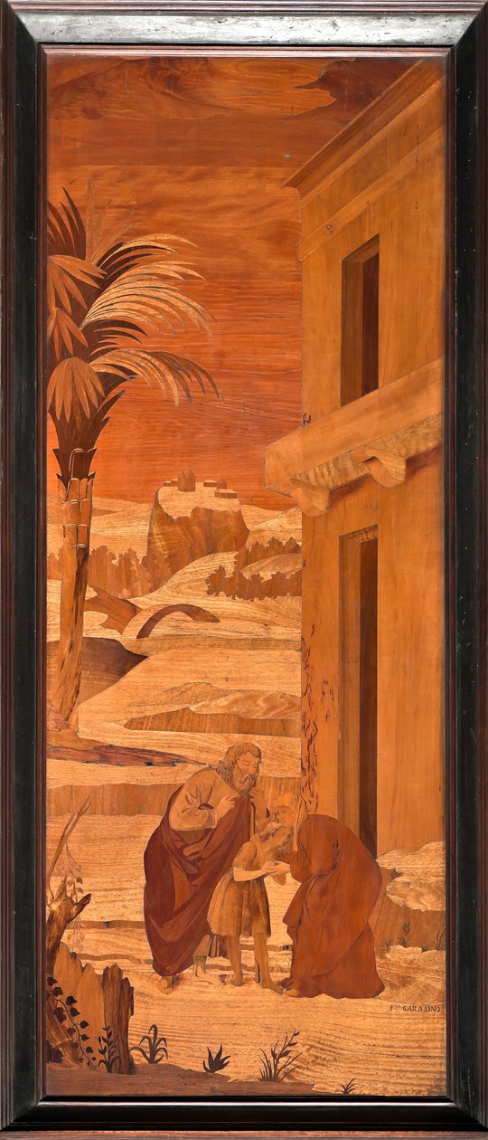 Genova, Duomo (St. Lawrence-katedralen), inne, apsis, kor, nordsiden: "Døperen Johannes tar permisjon fra familien sin", tre intarsia av Vincenzo e Tommaso Garassino (XIX århundre) av Unbekannter Künstler