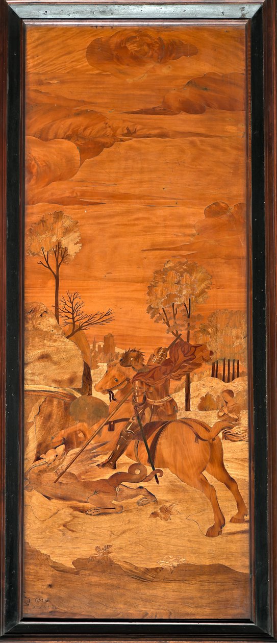 Genova, Duomo (St. Lawrence-katedralen), interiør, apsis, kor, Sør: "St George and the Dragon", tre-intarsia av Vincenzo og Tommaso Garassino (1800-tallet); av Unbekannter Künstler