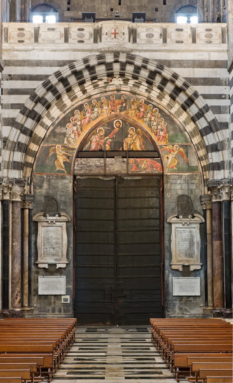 Genova, Duomo (St. Lawrence Cathedral), innvendig, endonarthex: utsikt over motfasaden og hovedportalen av Unbekannter Künstler