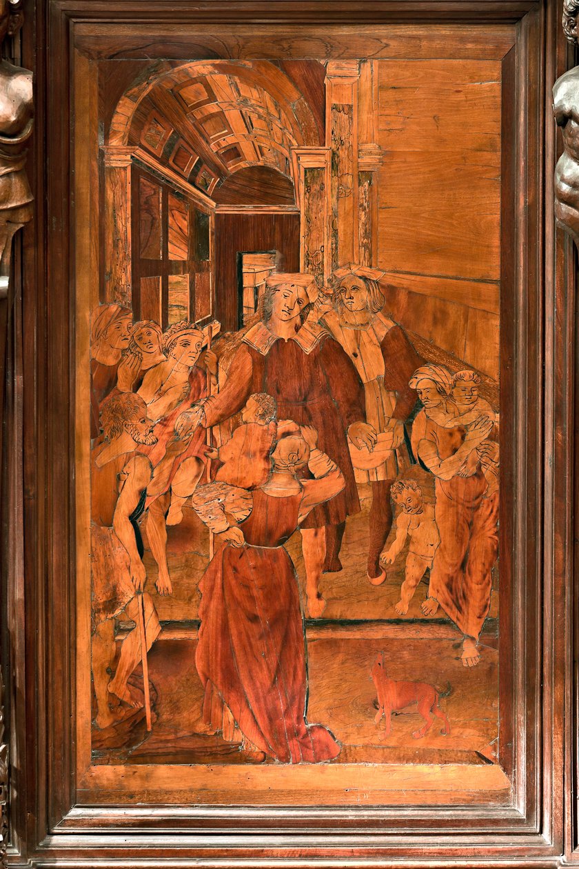 Genova, Duomo (St. Lawrence-katedralen), interiør, presbyterium, apsis, kor, nordsiden: "The Charity of St Lawrence", tre-intarsia av Gian Michele de