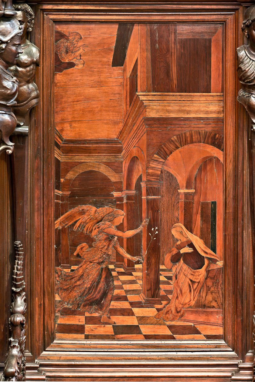 Genova, Duomo (St. Lawrence Cathedral), inne, prestegård, apsis, kor, sørsiden: "Annunciation", tre intarsia av Gian Michele De