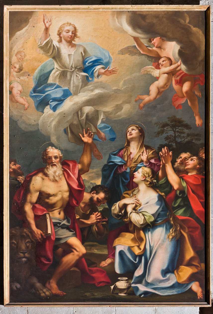 Genova, Duomo (St. Lawrence-katedralen), innvendig, den sørlige midtgangen, den sørlige veggen: "Oppstigningen med St. Hieronymus, Magdalene og helgener" (ca. 1694) av Unbekannter Künstler