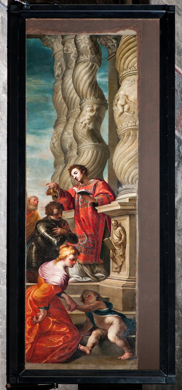 Genova, Duomo (St. Lawrence-katedralen), interiør, venstre gang, originale dører til orgelet på sørsidens tverrarm: "St. Lawrence christens St Romanus" (1634-6), av Andrea Ansaldo av Unbekannter Künstler