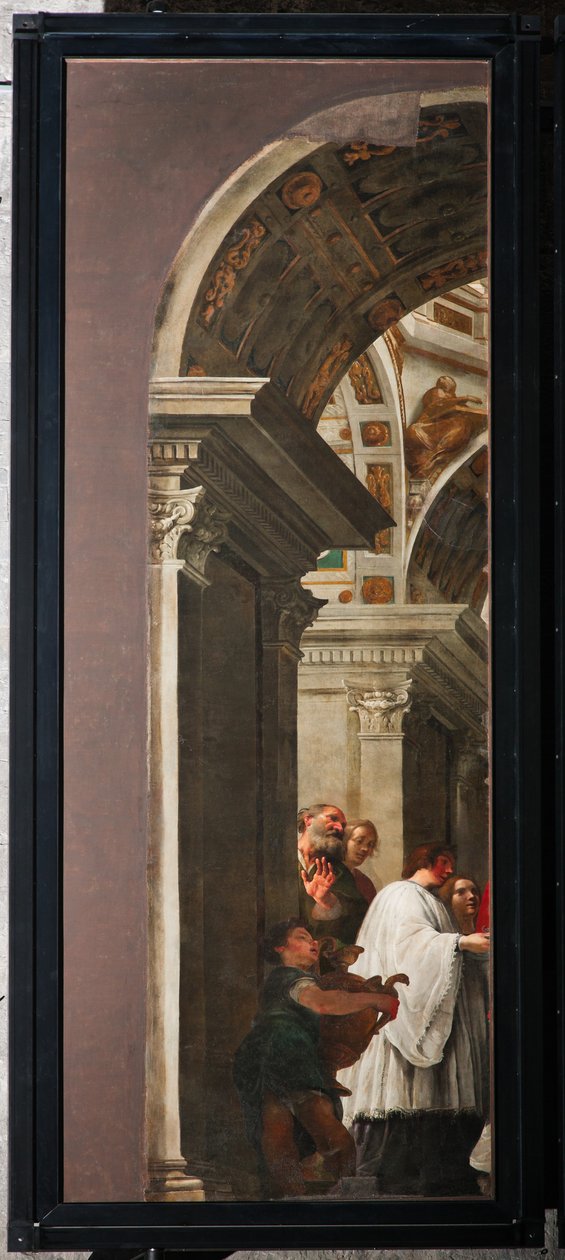 Genova, Duomo (St. Lawrence Cathedral), interiør, venstre gang, originale dører til orgelet på sørsidens tverrarm: "St Lawrence distribuerer kirkens skatt til de fattige" (1635), av Andrea Ansaldo av Unbekannter Künstler