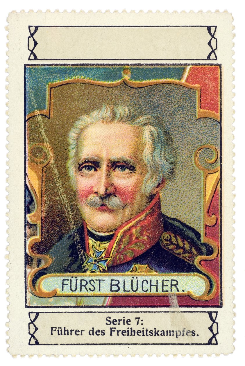 Tysk stempel med bilde av Gebhard Leberecht von Blucher (1742-1819) tysk kommandør i slaget ved Waterloo. Chromolithography-serien "Fuhrer des Freiheitskampfes"", begynnelsen av 1900-tallet av Unbekannter Künstler