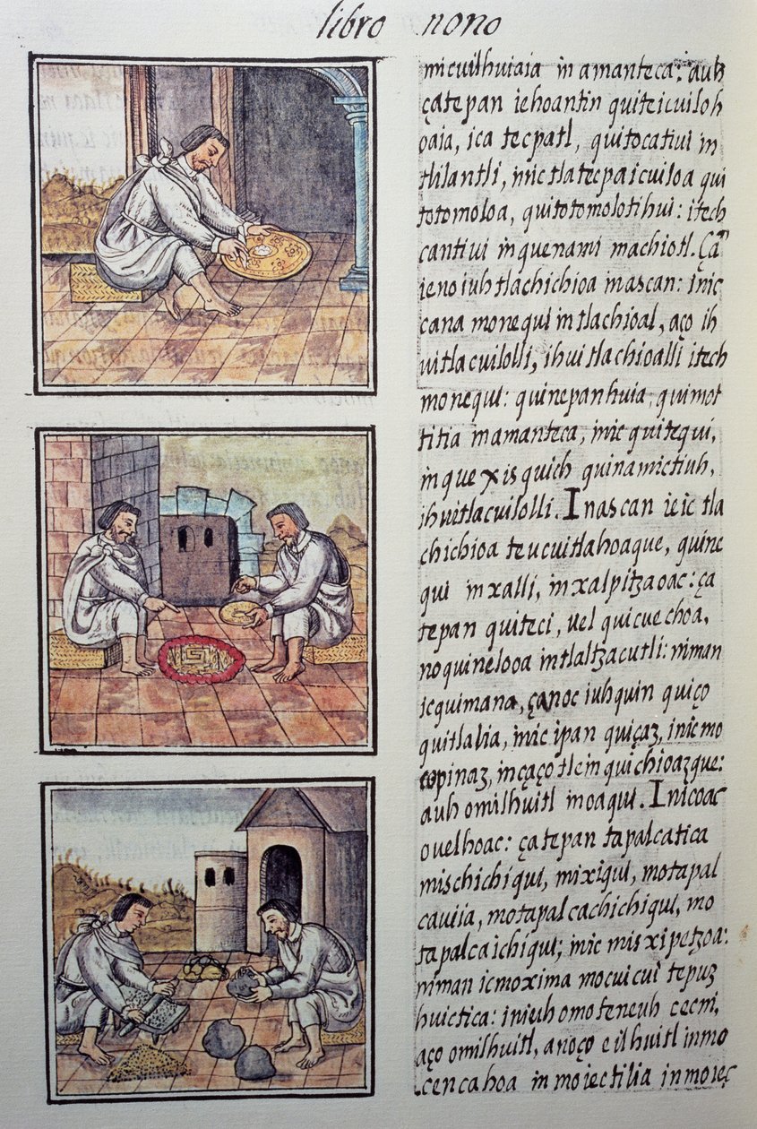 Gullbehandling etter den spanske erobringen, side fra den florentinske kodeksen, General History of the Things of New Spain, av den spanske misjonæren Fray Bernardino de Sahagun (1499-1590). Aztekisk sivilisasjon av William M. Timlin