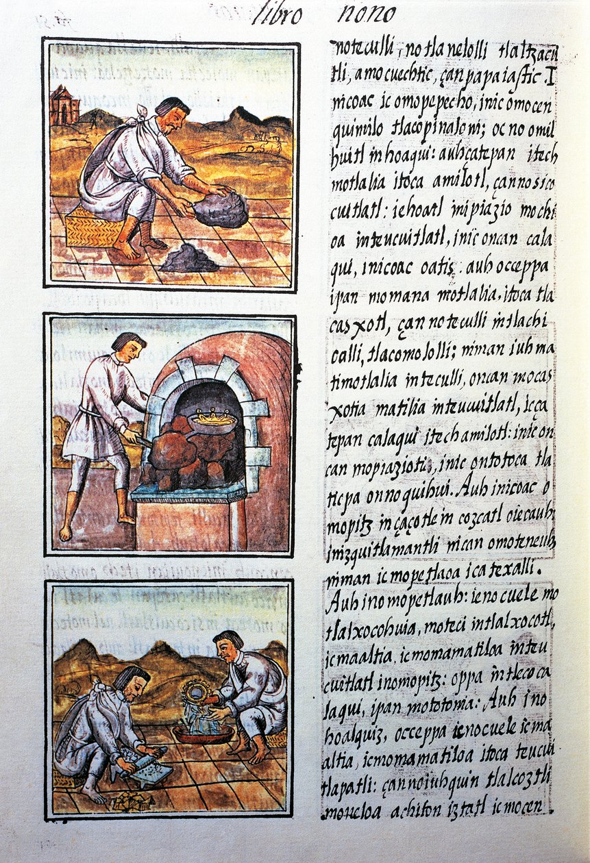 Gullbehandling av spansk, tekst i Nahuati, fra faksimile av manuskript General History of Things of New Spain, også kjent som Florentine Codex, av Bernardino de Sahagun av Benjamin Baud