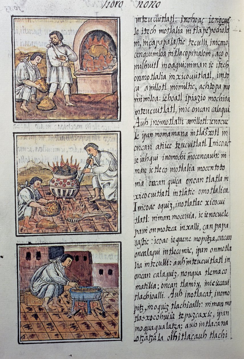 Gullproduksjon av spanjolene, side fra den florentinske kodeksen, tospråklig versjon på spansk og Nahuatl, General History of the Things of New Spain, av den spanske misjonæren Fray Bernardino de Sahagun. Aztekisk sivilisasjon av William M. Timlin