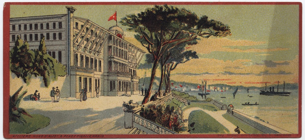 Grand hotels: utvendig utsikt over Therapia Summer Palace i Konstantinopel i Tyrkia - Kart over en serie som presenterer hotellene til "Compagnie Internationale des Grands Hotels", sent på 1800- og tidlig på 1900-tallet av William M. Timlin