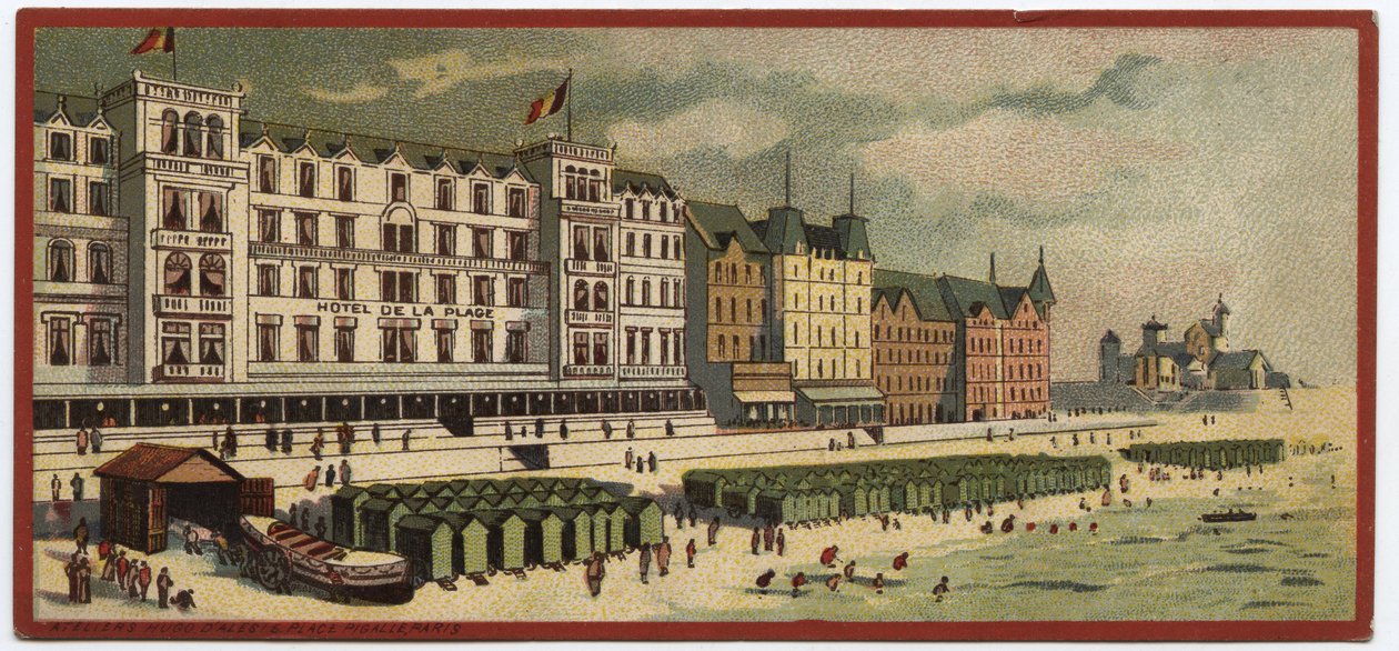 Grand hotels: utvendig utsikt over Hotel de la Plage i Oostende, Belgia - Kart over en serie som presenterer hotellene til "Compagnie Internationale des Grands Hotels", sent 1800-begynnelsen av 1900-tallet av William M. Timlin