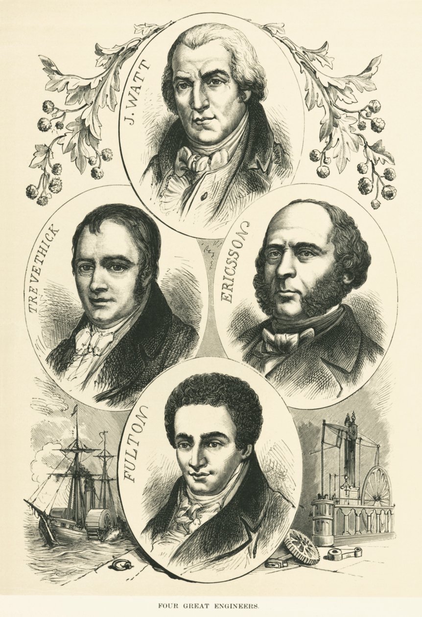 Store ingeniører og oppfinnere: James Watt, John Ericsson, Robert Fulton, Richard Trevithick, ca. 1880 (s/hvitt-bilde) av Unbekannt