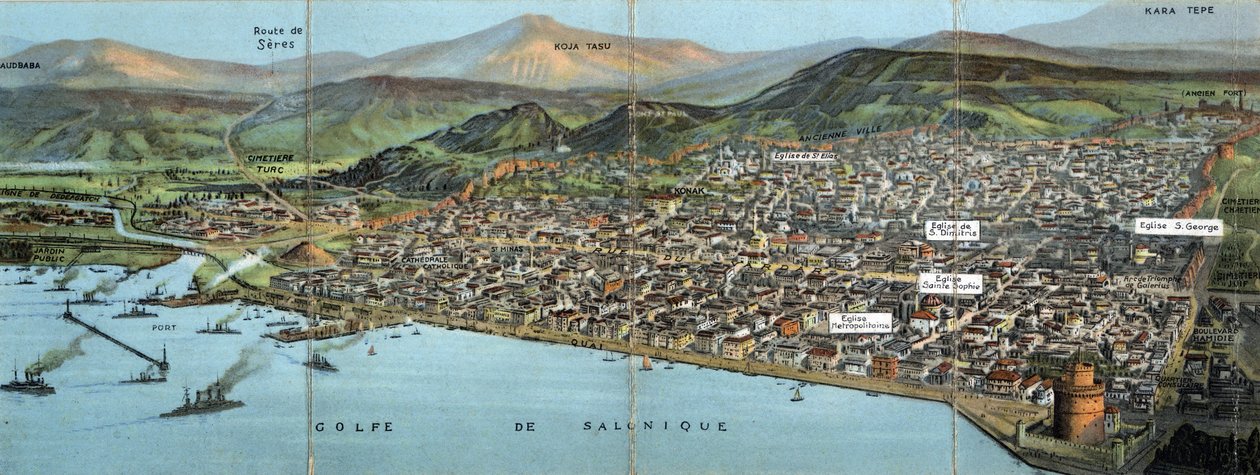 Hellas, Saloniki (eller Thessaloniki): utsikt over byen og Gulfen - Postkort 1914-1918 av William M. Timlin