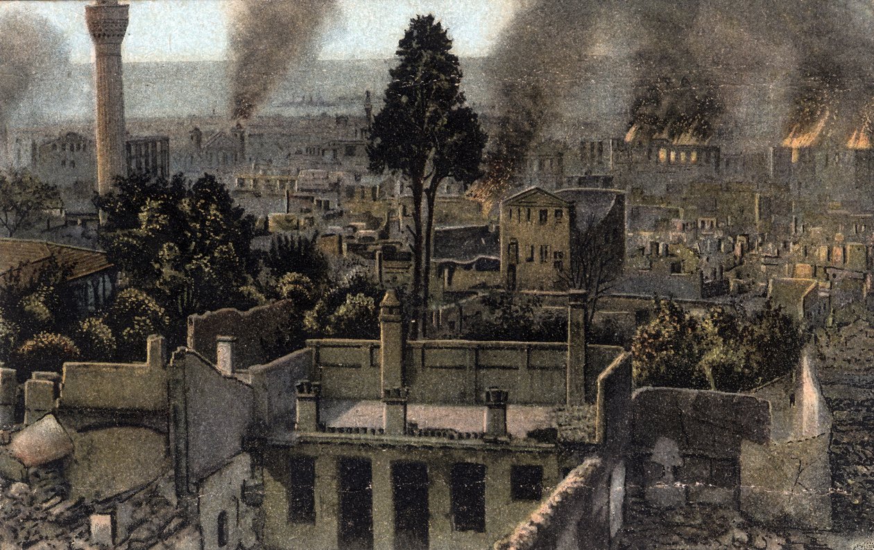 Hellas, Saloniki (eller Thessaloniki): utsikt over den øvre byen delvis brent, sannsynligvis under brannen i 1917 - Postkort 1914-1918 av Unbekannter Künstler